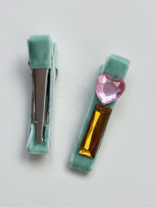 The Mint Heart Gem Velvet Hair Clips